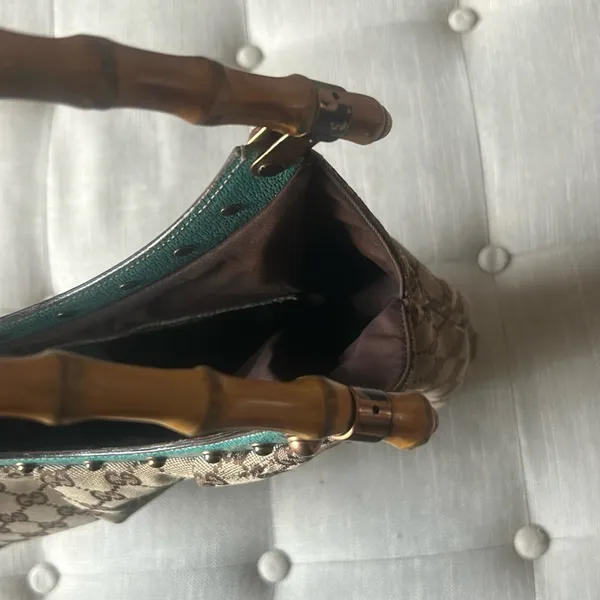 Gucci Bamboo Top Handle Handbag Canvas/ Teal Leather - Image 8