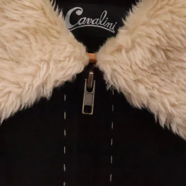 Cavalini Y2K Suede Leather Jacket Vintage Womens Size M‎ Black Faux Fur Trim - Image 2