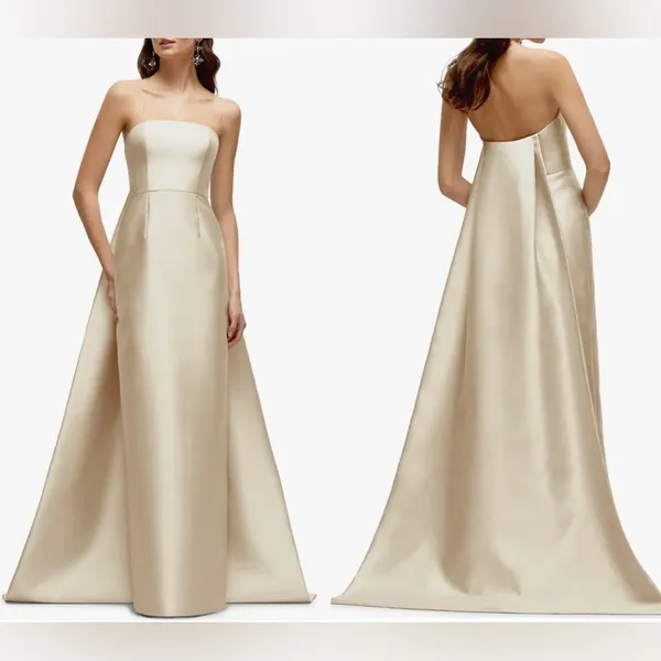 NEW Alfred Sung Strapless Satin Twill Column Gown Removable Train Sz 4 Champagne - Image 2