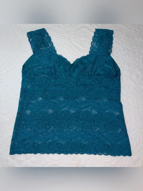 Y2K Fitted Lace Tank Top. Teal. Size: Large. - Image 3