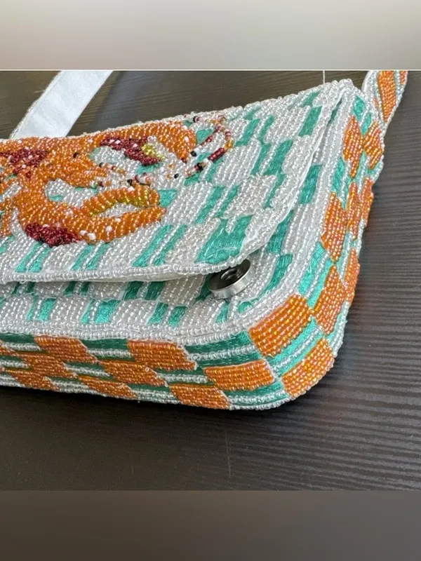 Handcrafted Lobster Crawfish Beaded shoulder Bag Checked stripped Sparkly NWT - Image 5