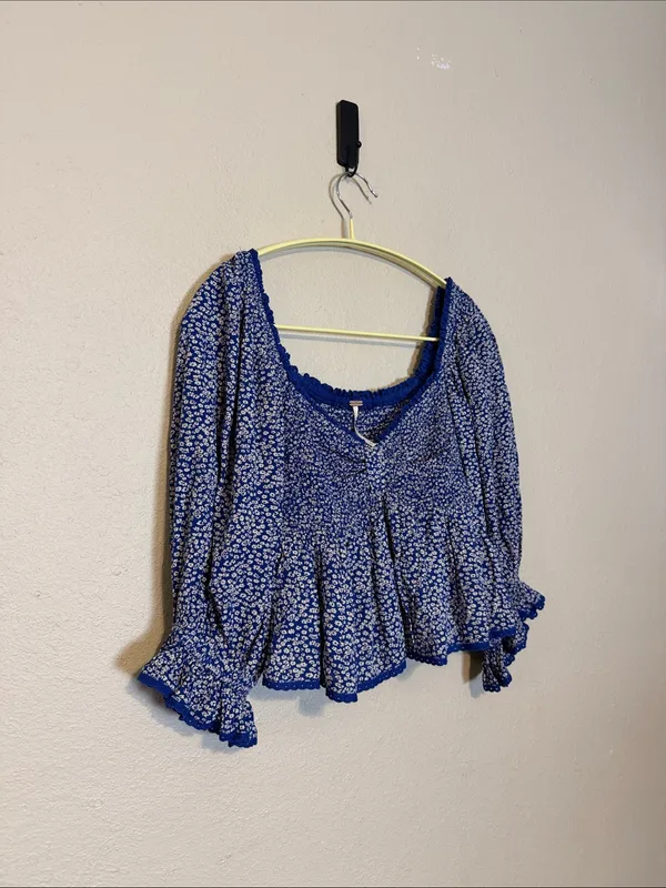 Free People Brittnee Print Smocked‎ Peplum Crop Top Blue Combo Size Small - Image 5