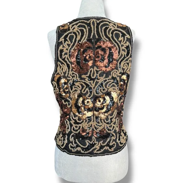 Vintage 90s‎ Black Tie Silk Beaded Metallic Sequin Open Front Vest Gold Bronze - Image 7