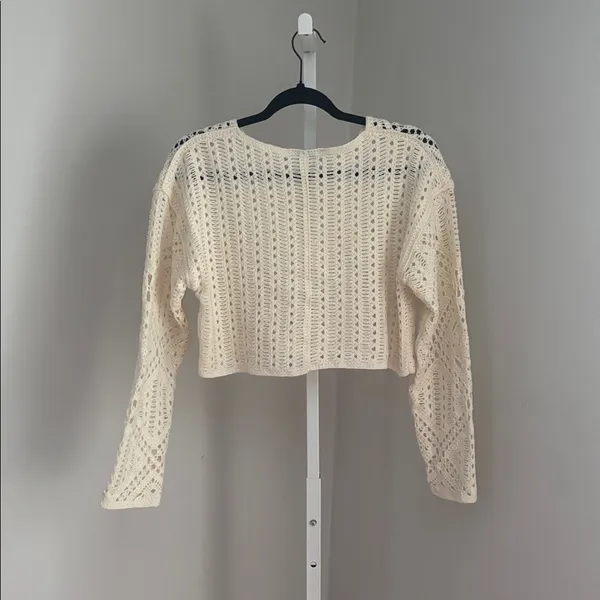Zara Top Cropped Crochet Sweater Cream Off White Long Sleeve Women’s Size Small - Image 3
