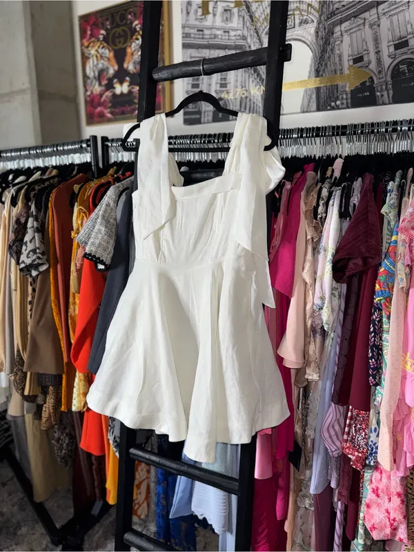 Dissh Aisle White Linen Bow Strap Mini Dress 100% Linen US 6 EUC - Image 7