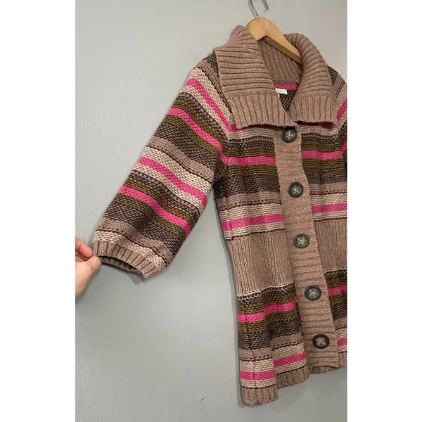 Old Navy Y2K Sweater Size Medium Striped Short Sleeve Lambswool Button Cardigan - Image 2