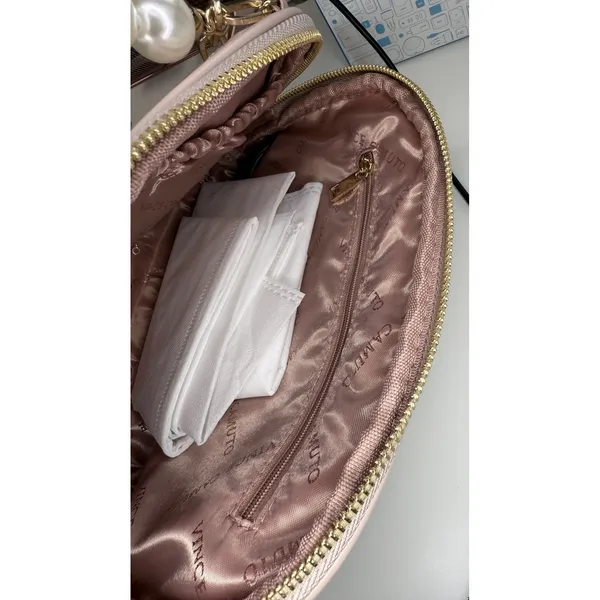Vince Camuto Blush Pink Quilted Makeup Bag Pearl Chain Bow Vanity Case‎ NWT - Image 8