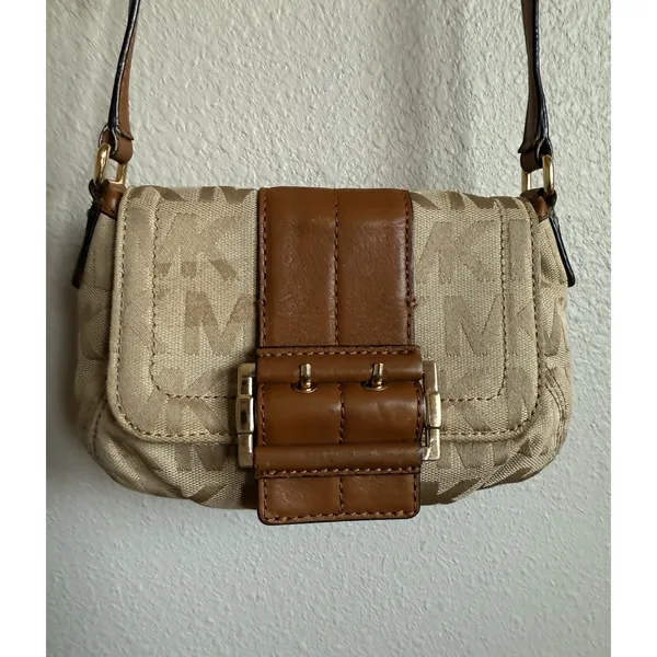 Michael Kors Small Signature Series Crossbody Tan Logo‎ Canvas Brown Leather - Image 3