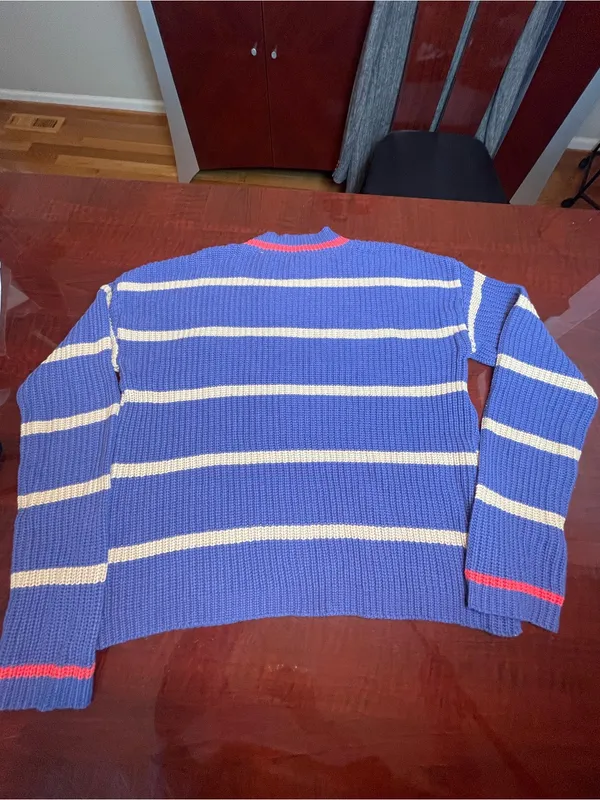 Altar'd State Striped Chunky Knit Fisherman Sweater Slouchy Blue Beige Size M - Image 12
