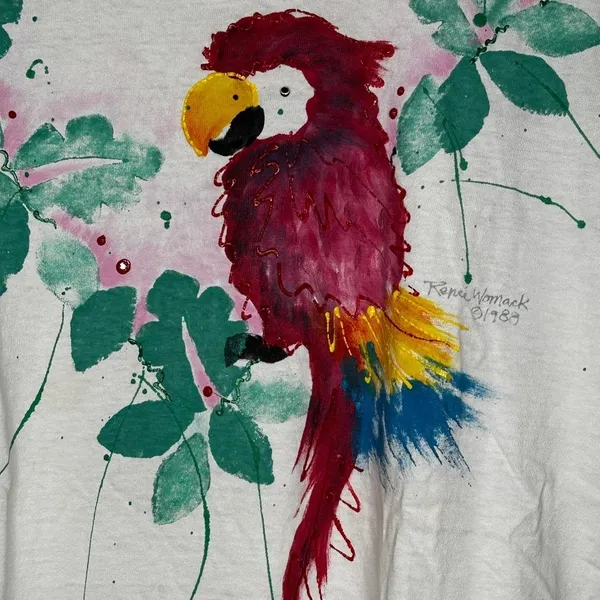 Vintage Hand Painted Parrot Renee Womack‎ T-Shirt - Image 2