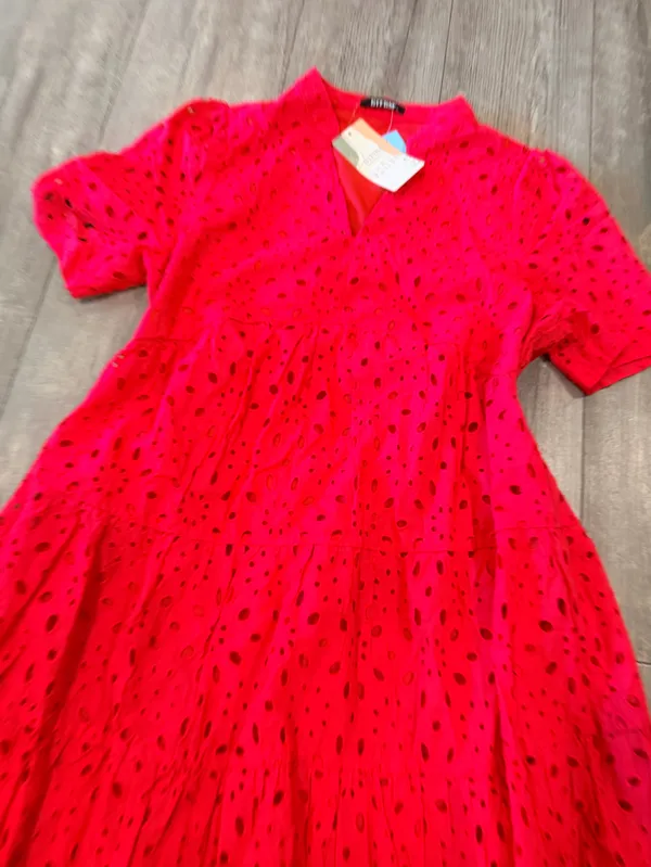 V-Neck Red Eyelet Tiered Mini Dress - Image 7