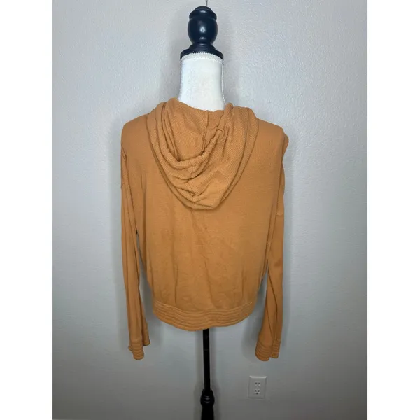 PACT Women's L Organic Cotton Pullover Lite Waffle Hoodie Knit Sweater Camel - Image 4