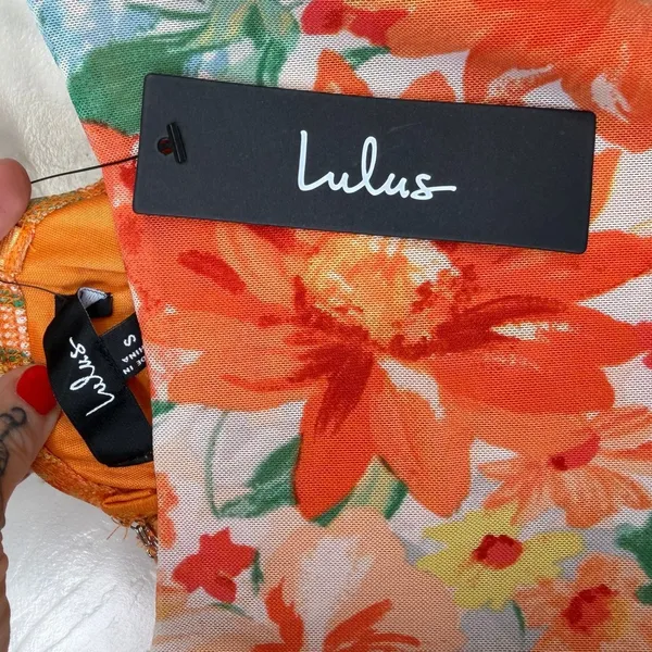 NEW Lulus Date Night Beauty Orange Floral Print Mesh Ruched Midi Dress Small - Image 9