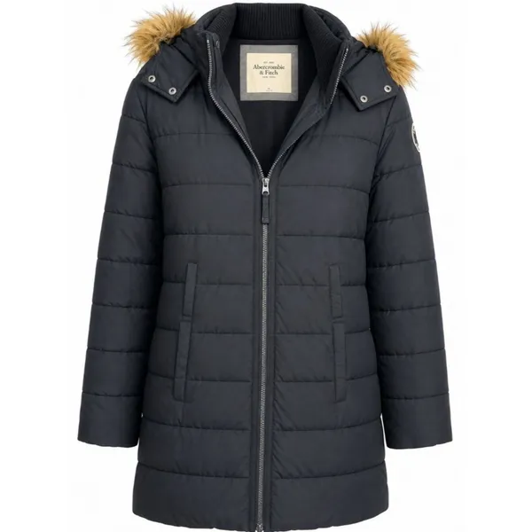 Abercrombie & Fitch Black Long Puffer Coat Faux Fur Hood M - Image 2