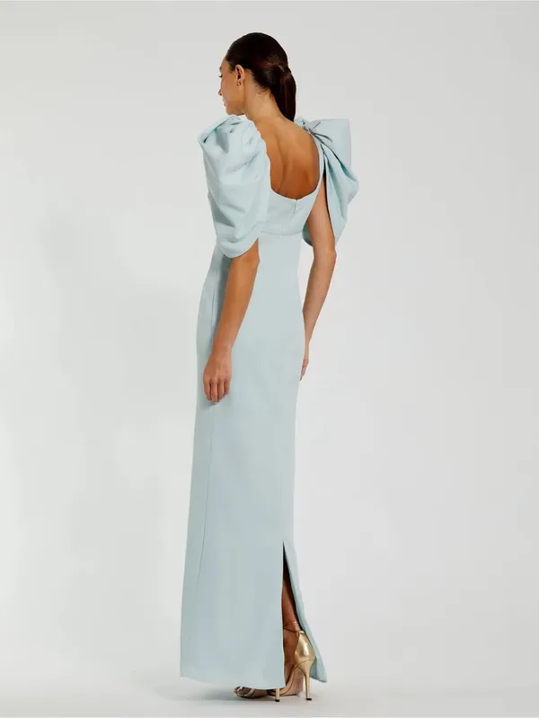 MAC DUGGAL Size 8 Blue Fitted Crepe Square Neck Gown Dress With Puff Sleeves - Image 3