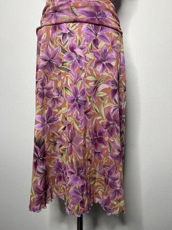 90s Vintage Purple Floral Mesh V Neck Ruched Drop Waist Dress Preppy Party - Image 5