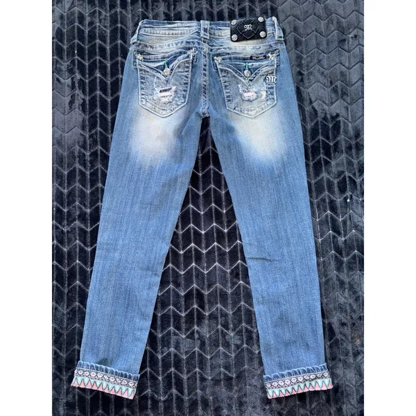 Miss Me Women's Blue Denim Embellished Low‎ Rise Signature Rise Cropped Size 25 - Image 2