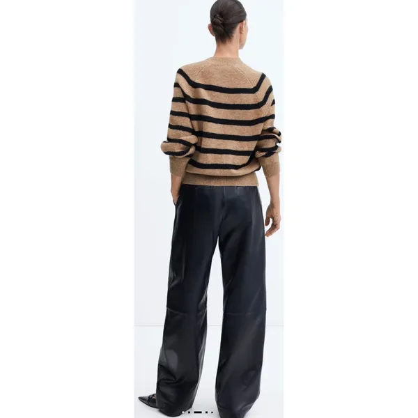 Mango MNG Striped Raglan Knit Sweater Camel Black Crew Neck Relaxed Fit XS - Image 5