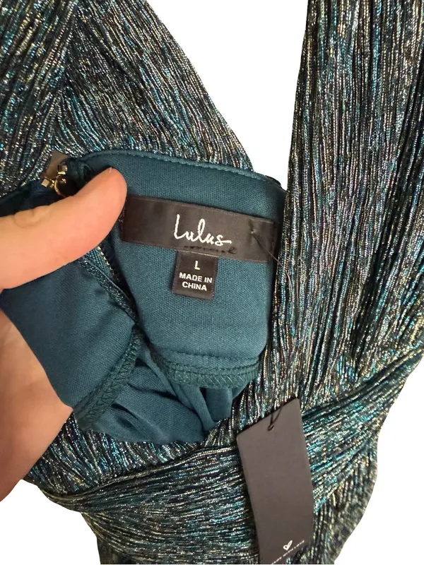 ✨‎ Lulus Ailey Gold & Teal Metallic Plissé Halter Mini Dress NWT Size L ✨ - Image 5