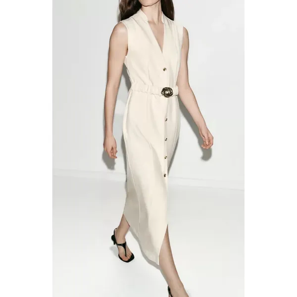 Zara Ecru Midi Dress Gold Buttons Sophisticated Minimalist Quiet Luxury Cream - Image 7