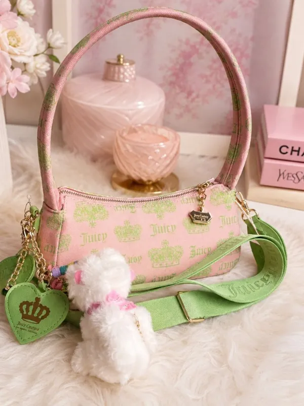 Juicy Couture Festival Pink Green Crown Shoulder Bag Charms NWT - Image 3