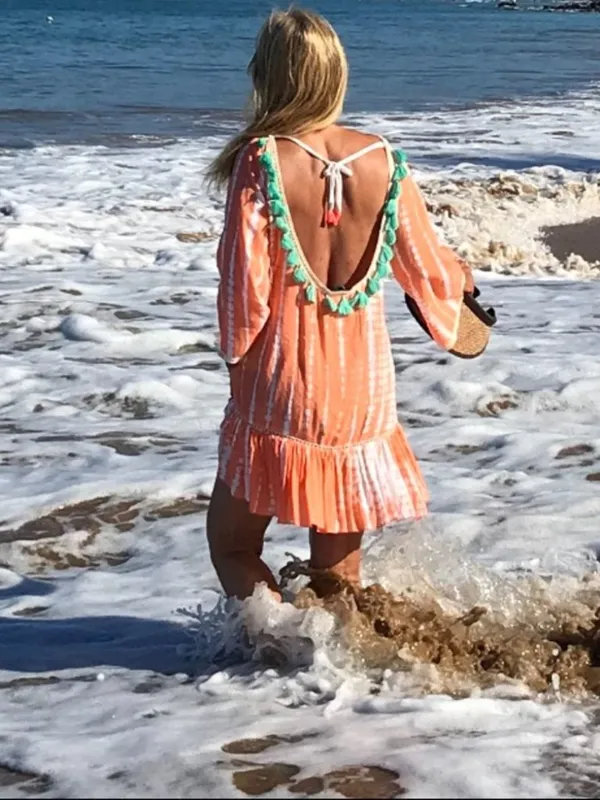 Anthropologie Z&L European Luxury Coral Tie Dye Beach Cover Up with Tassels - Image 2