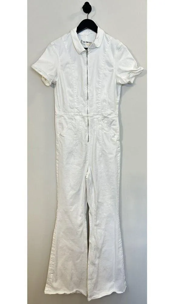FREE PEOPLE Jayde Denim Flared Jumpsuit in Pure White Size Large - Image 4