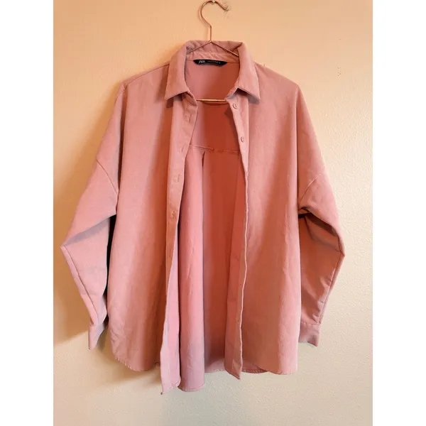 Zara‎ Corduroy Shirt Women Medium Pink Oversized Shacket Button Down Long Sleeve - Image 5