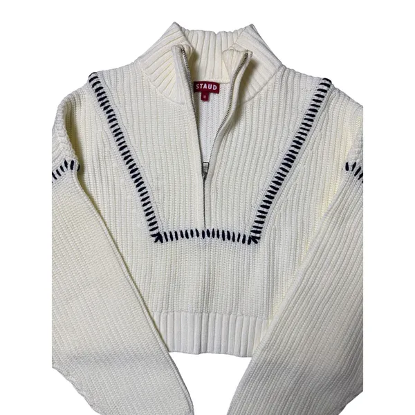 Staud Hampton Cropped Sweater Cream and Navy Blue Stitch - Image 3