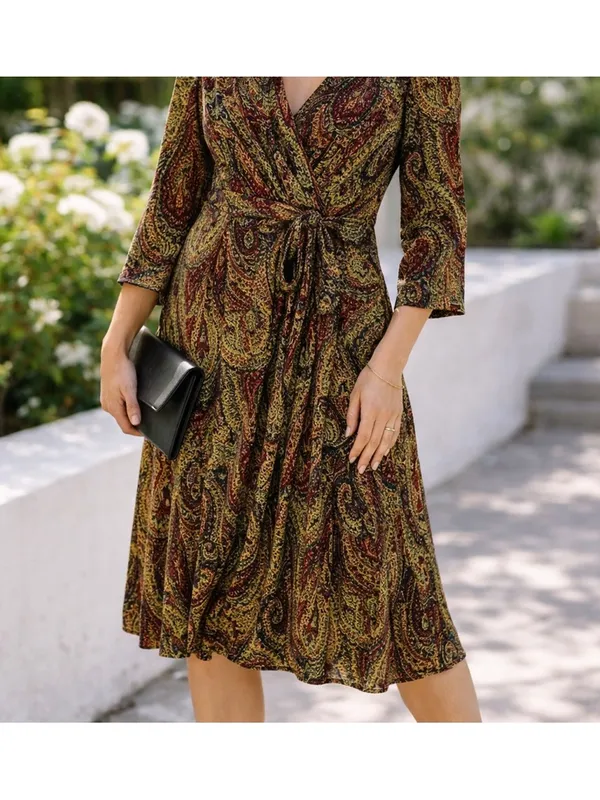connected apparel Paisley Wrap Midi Dress in Olive and Burgundy - Image 7
