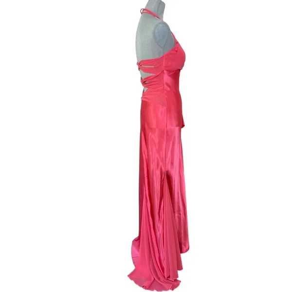 Hot Pink Mermaid long dress gown Cutout Halter Rhinestone Ruffle Formal Dress xs - Image 5