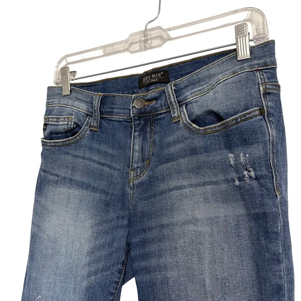 Judy Blue Distressed Skinny Jeans Blue Mid Rise Raw Hem Cuffed‎ Denim 30x28 - Image 5