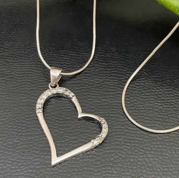 Vintage Signed 925 Italy Sterling Silver Open Heart CZ Pendant Necklace 6.4g - Image 2