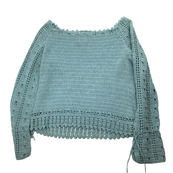 y2k blue boho crochet knit off shoulder sweater top by route 66 - Image 8
