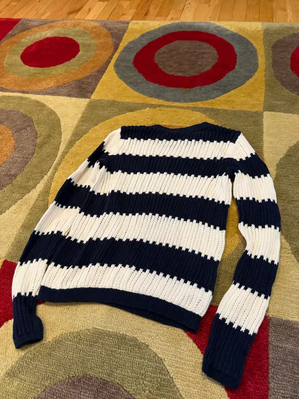 LOFT Navy Cream Striped Crewneck Sweater Open Knit 100% Cotton Women’s Size XS - Image 4
