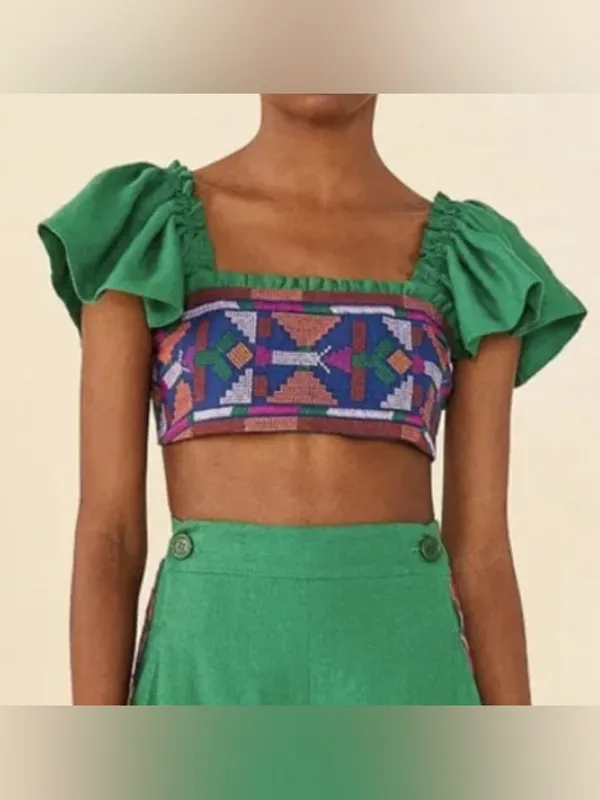 Nwt Farm Rio Embroidered Green Linen Boho Smocked Flutter Sleeve Crop Top Xl - Image 3