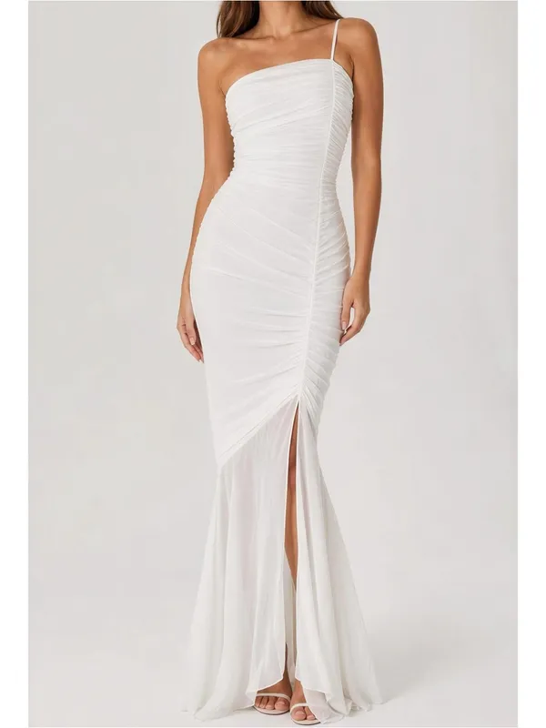 HOUSE OF CB Pearla One Shoulder Ruched Maxi Dress, Ivory, L (Plus Cup) - Image 3
