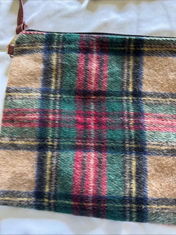 Plaid Wool Crossbody or Wristlet Bag with Brown Leather Tassel Zipper Pull - Image 2