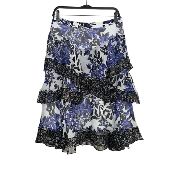 Rebecca Taylor Silk Tiered Blue and Black Ruffle Printed Midi Skirt 8 - Image 2