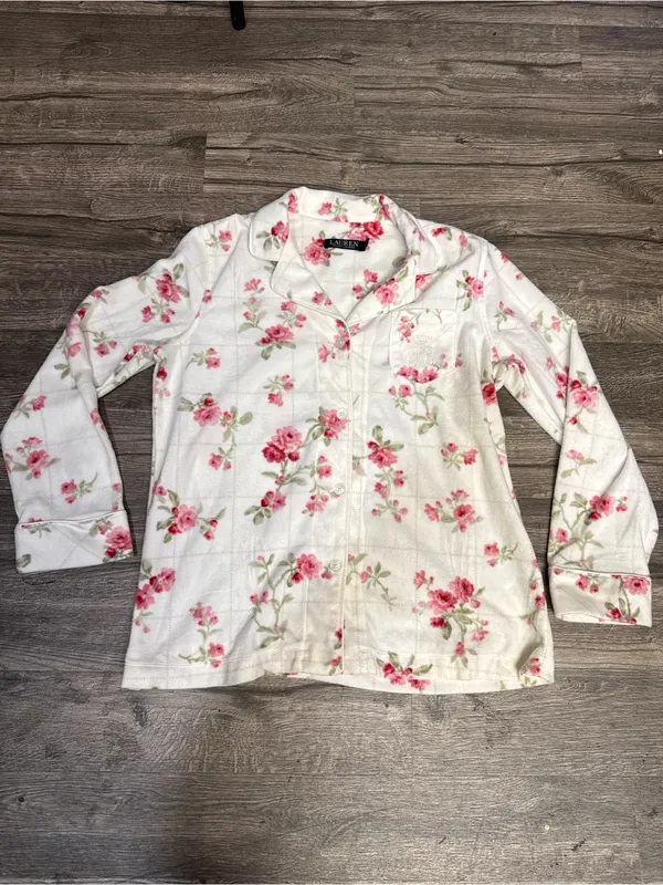 Lauren Ralph Lauren Cream Pajama Top with Pink Floral Print - Image 2