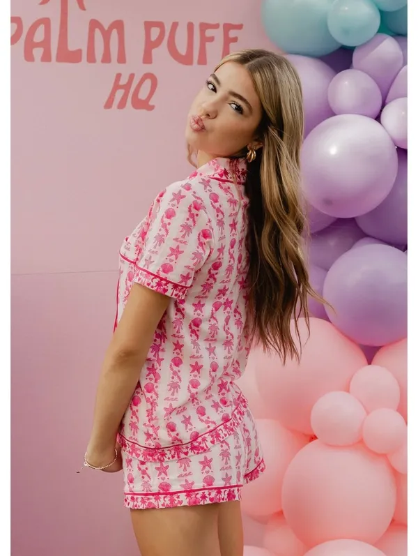 Pink Palm Puff Blush Bay Pajama Set Pink Supima Cotton Shorts Top XL - Image 2