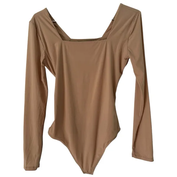 NWT Quince Second Skin Square Neck Long Sleeve Body Thong Bodysuit Mocha Large - Image 4