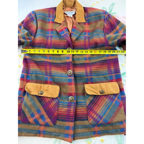 Eagle River Traders Multi Color Plaid Wool Blend Blazer Jacket Suede Trim BR 500 - Image 4