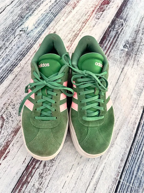 Adidas Women's Green Suede Platform Sneakers with Pink Stripes - Image 2