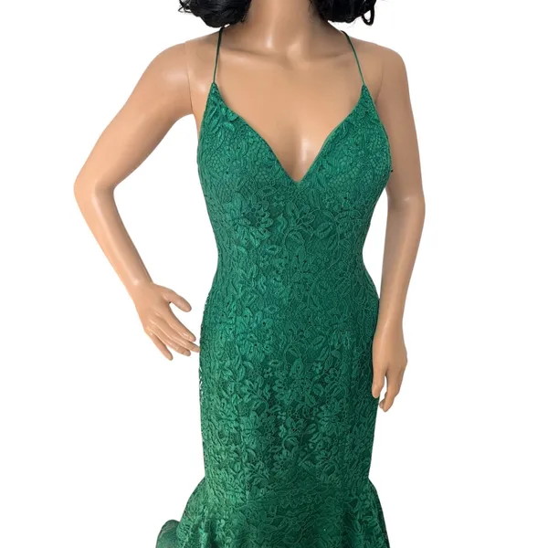 2010s Studio 17 12802 Emerald Beaded Lace Mermaid Prom Gown Open Back Size 8 - Image 11