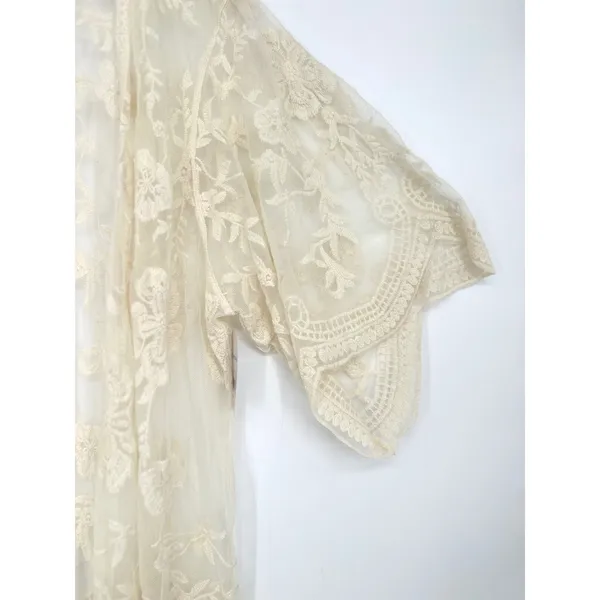Time & Tru Lace Kimono Women S-M Cream Sheer Embroidered Coverup Boho Ethereal - Image 2