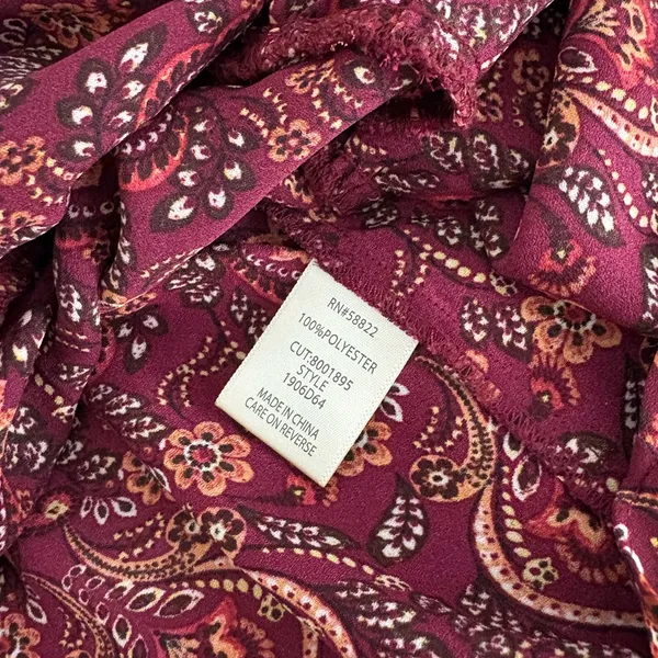 Max Studio Burgundy Tiered Shift‎ Floral Print Smocked Paisley Dress Medium EUC - Image 8