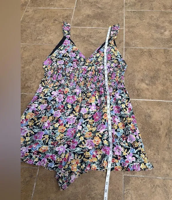 Floret Studios Floral Romper, Size XL, Smocked, Purple Yellow Black, Shorts - Image 6