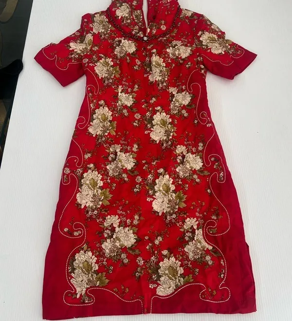 Tang Chao Red Floral Qipao Cheongsam Dress Cotton Mandarin Collar Size M - Image 2