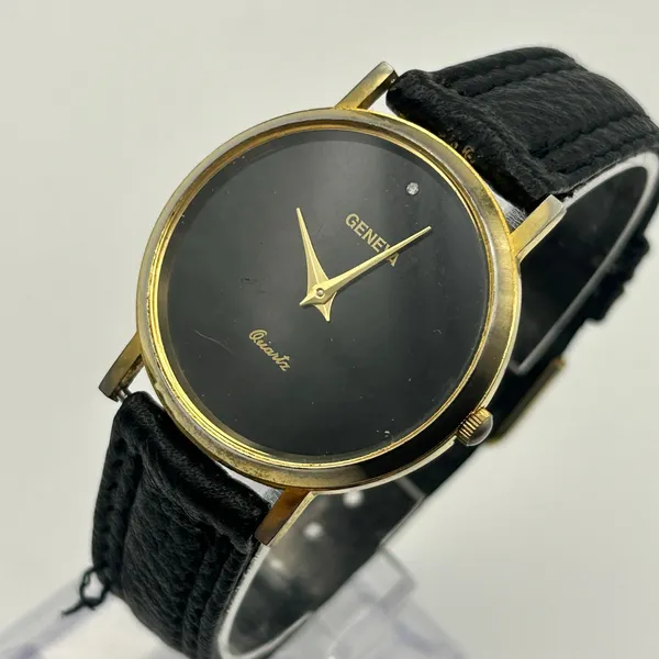 Geneva Gold-tone Black Dial & Leather Strap Minimalist Watch Working - Image 2